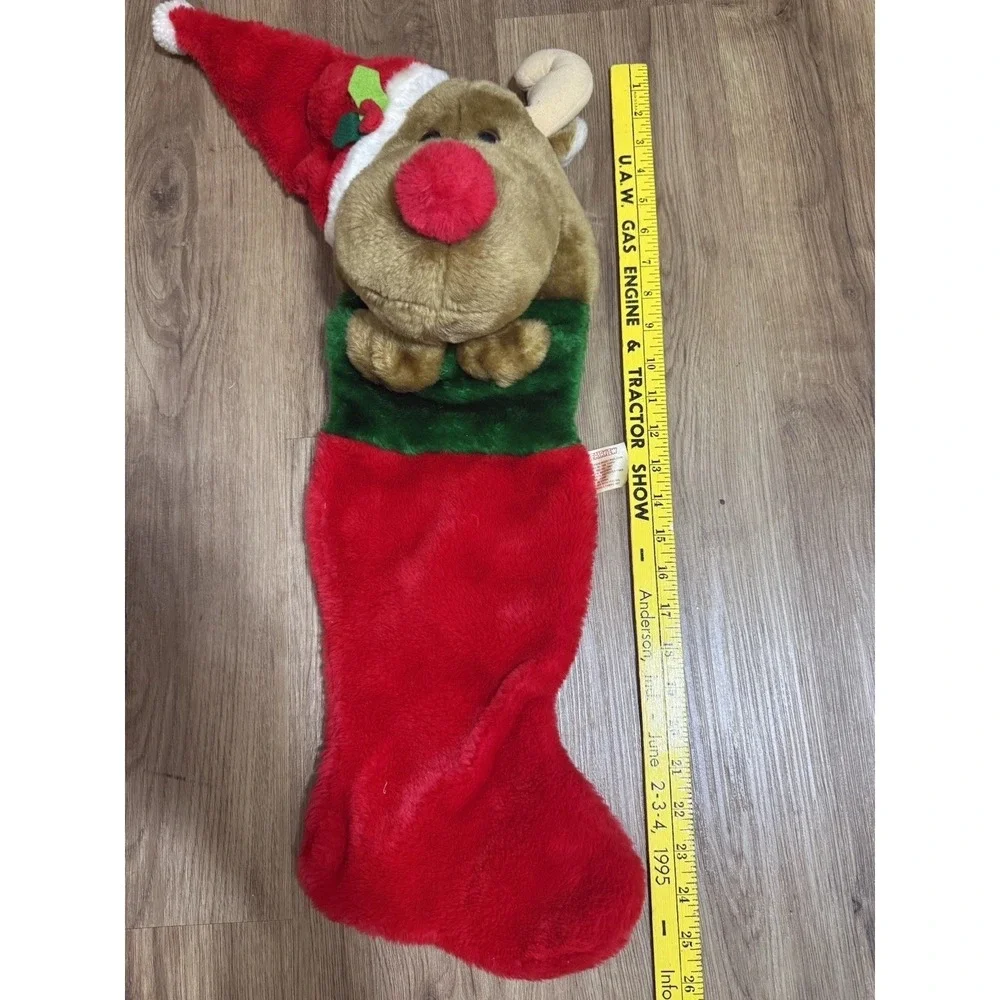 Vtg Christmas Stocking 3D Reindeer/Moose Plush Fuzzy‎ Red Nose 26